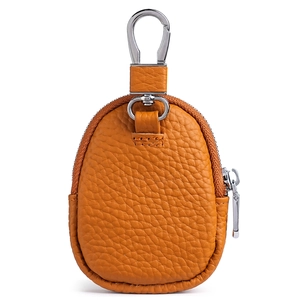Orange lychee grain genuine leather mini coin purse with silver carabiner and zipper