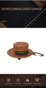 Detail shot of crazy horse leather hat coin purse with metal zipper and carabiner clip