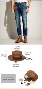 Detailed size chart for vintage brown leather hat-shaped coin purse with capacity view