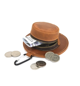Detail of vintage brown leather cowboy hat coin purse with metal zipper and D-ring hook
