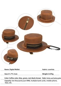 Detail view of hat-shaped crazy horse leather coin purse with zipper and metal carabiner
