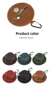 Close-up of crazy horse leather hat-shaped coin purses with metal zippers and snap hooks