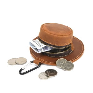 Vintage Genuine Leather Hat Shaped Coin Purse Creative Cowhide Mini Wallet With Carabiner For Unisex Small Change Storage Bag