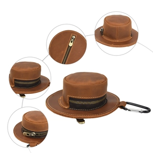 Vintage brown crazy horse leather coin purse in creative hat shape with metal carabiner