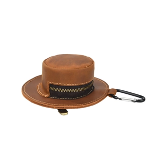 Handmade crazy horse leather coin purse in hat shape with vintage brown finish and hook