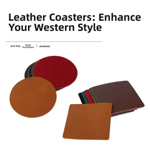 Macro detail of assorted round and square leather coasters with heat resistance feature