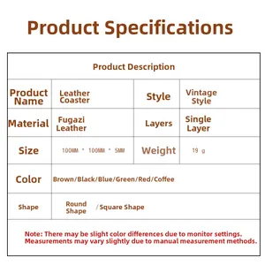 Detailed spec sheet for crazy horse leather coasters showing size 100mm and multiple colors