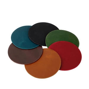 Detailed set of six round crazy horse leather coasters in diverse vintage colors