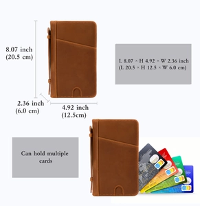 Détails macro du portefeuille en cuir montrant les dimensions et fentes pour cartes