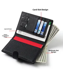 Internal view of black pebble leather RFID wallet showing card slots and compartments