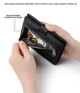 Detail of the hidden zipper pocket in a black leather RFID passport wallet for travel