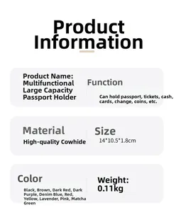 Leather RFID passport holder specifications showing dimensions 14x10.5cm and storage details