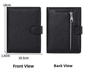 Front and back view of a black pebble leather RFID passport wallet with buckle and zipper