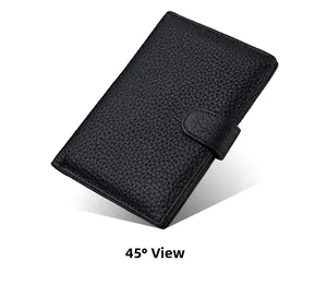 45-degree angle view of the black pebbled grain leather RFID passport wallet with snap closure