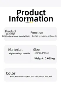Detailed spec chart of leather wallet showing colors like brown and green and large capacity