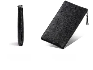 Side and 45-degree angle view of black lychee grain leather wallet with silver zipper