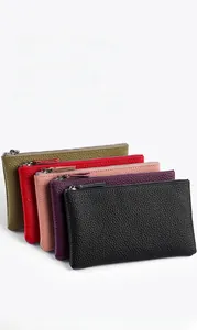 Litchi grain leather wallets in five colors featuring silver metal zipper closures