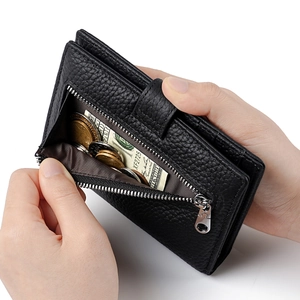 Black RFID leather passport wallet with litchi texture and zipper coin pocket