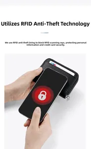 Dettaglio portamonete in pelle con protezione RFID e fodera di sicurezza anti-scansione