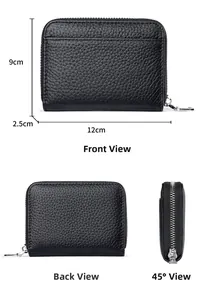 Portamonete in pelle nera con cerniera, dimensioni 12cm x 9cm x 2,5cm, stile minimalista