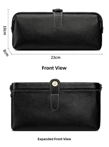 Front and unfolded view of black pebbled leather vanity case with dimensions 23x10x8cm