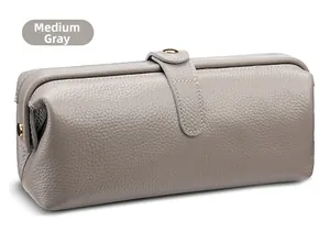 Middle grey leather cosmetic bag with gold buckle and detailed white stitching finish