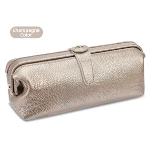 Detailed macro of champagne leather texture and premium metal clasp on cosmetic case