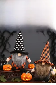 Detail of Halloween gnomes featuring knitted hats and fiber beards in a spooky setting