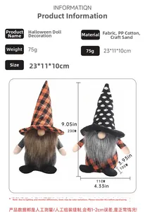 Detail specifications and dimensions of Halloween gnomes with plaid hats and long beards