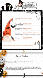 Detailed view of Halloween Light-up Gnome with orange bat hat and faux fur beard