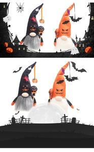 Detail of Halloween gnome plush dolls with spider and bat patterns on tall hats
