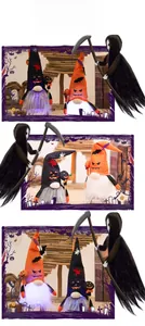 Detailed view of Halloween glowing gnomes with bat and spider hats on wooden texture
