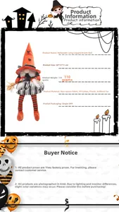 Detailed view showing dimensions and material of Halloween broom gnome with orange hat