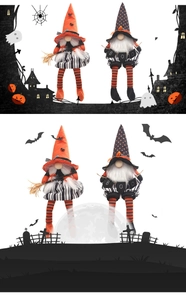 Detail of Halloween long-legged gnome set with striped legs and decorative broom sticks