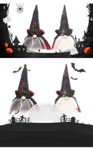 Detail of Halloween gnome dolls featuring colorful spider web hats and vampire capes