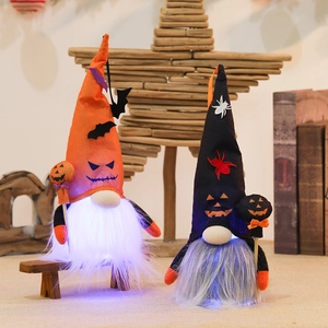 Set of two glowing Halloween faceless gnomes with LED beards and pumpkin decor