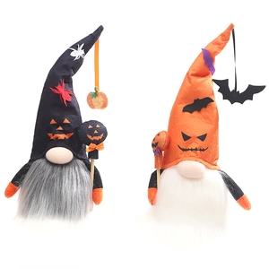 Halloween lighted faceless gnomes set with pumpkin designs and bat patterns for holiday decor