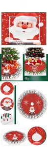 Detail of red Christmas tree skirt showing Santa, reindeer patterns and zigzag fringe edges