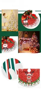 Detail of Christmas tree skirt featuring Santa and reindeer with Warm Wishes text