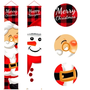Christmas Santa and Snowman porch banners with red and black buffalo plaid background