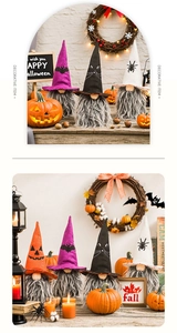 Detail of Halloween gnome plush set with spooky bat and spider patterns on pointed hats