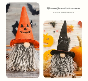 Detail of Halloween gnome plush dolls featuring orange pumpkin and black cat pointed hats
