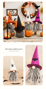 Detail of Halloween gnomes featuring a pumpkin face and spider embroidery on pointed hats