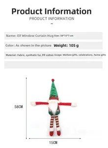 Detailed view of Christmas elf gnome curtain buckle with size specs and plush texture