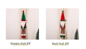 Detail of red and green gnome curtain tie-backs with striped legs for Christmas decor