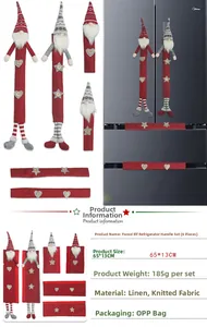 Detailed view of Christmas gnome refrigerator handle covers in red and grey fabric