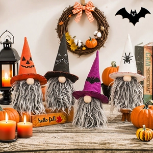 Four Halloween gnome plush set with Hello Fall sign and colorful wizard hats
