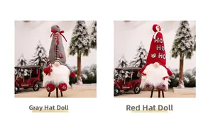 Detail of Christmas gnome plush set with NOEL and HO HO HO knitting and wooden base