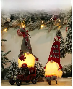 Close-up of glowing Christmas gnomes with LED lights and holiday text on a cozy background