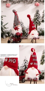 Close-up of Christmas gnomes with Noel and Ho Ho Ho text and plush knitted fabric details